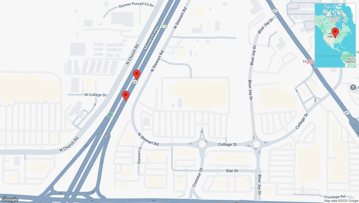 A detailed map that shows the affected road due to 'Broken down vehicle on northbound I-35 in Liberty' on March 21st at 5:18 p.m.