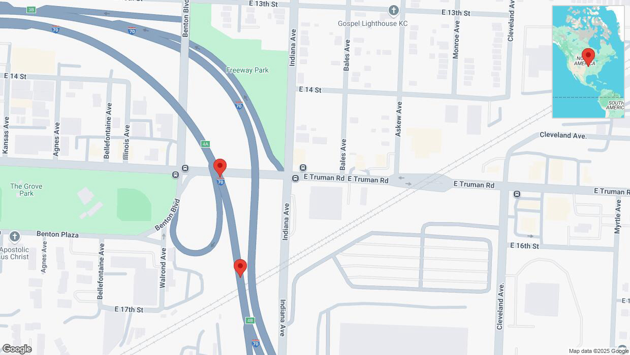 A detailed map that shows the affected road due to 'Crash reported on eastbound I-70 in Kansas City' on March 21st at 5:46 p.m.