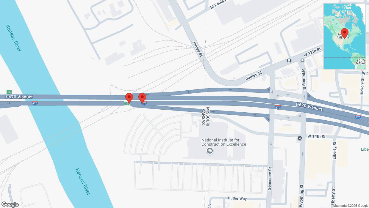 A detailed map that shows the affected road due to 'Broken down vehicle on eastbound I-670 in Kansas City' on March 21st at 6:19 p.m.
