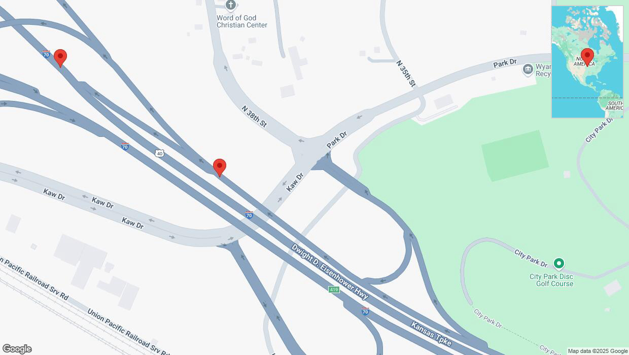 A detailed map that shows the affected road due to 'Broken down vehicle in Kansas City' on March 21st at 9:35 p.m.