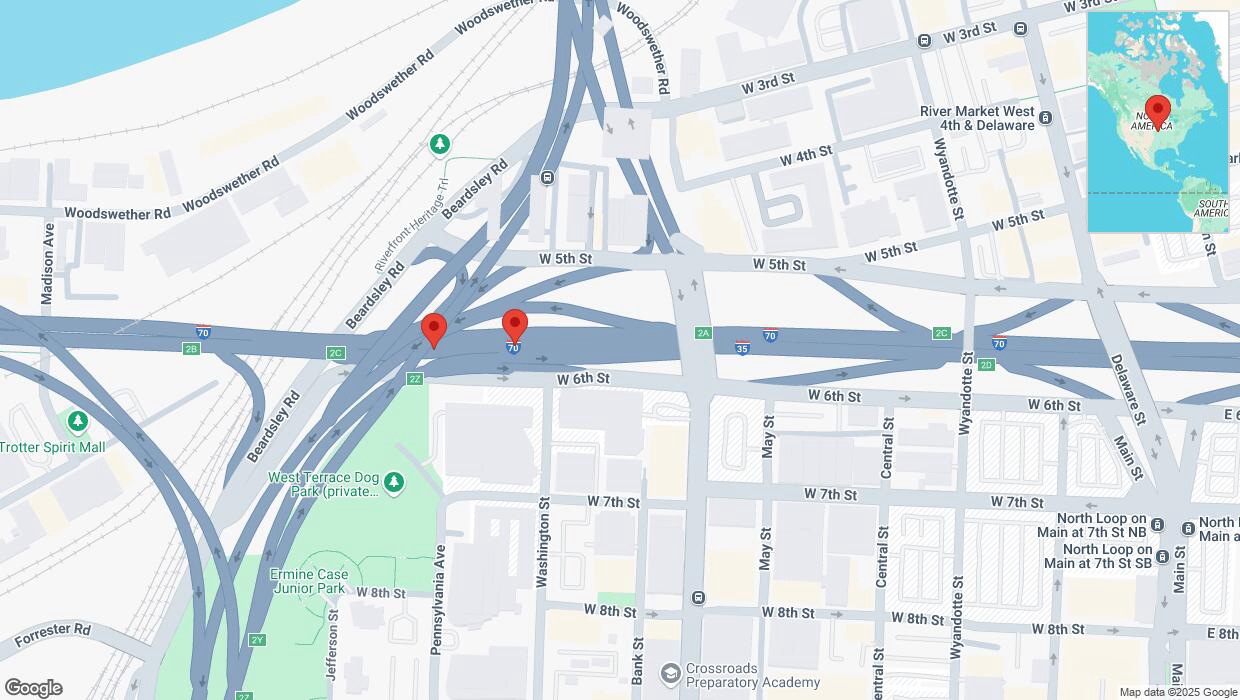 A detailed map that shows the affected road due to 'Broken down vehicle on eastbound I-70 in Kansas City' on March 21st at 11:56 p.m.
