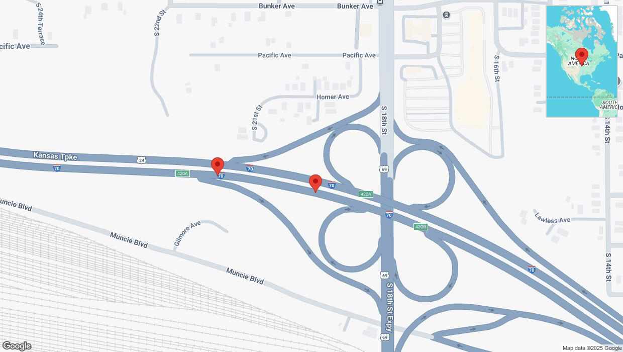 A detailed map that shows the affected road due to 'Broken down vehicle on eastbound I-70 in Kansas City' on March 22nd at 1:16 p.m.