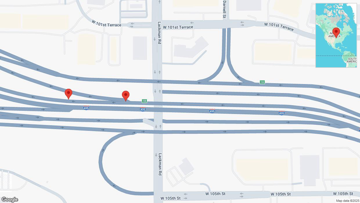 A detailed map that shows the affected road due to 'Broken down vehicle on northbound I-435 in Lenexa' on March 22nd at 3:31 p.m.