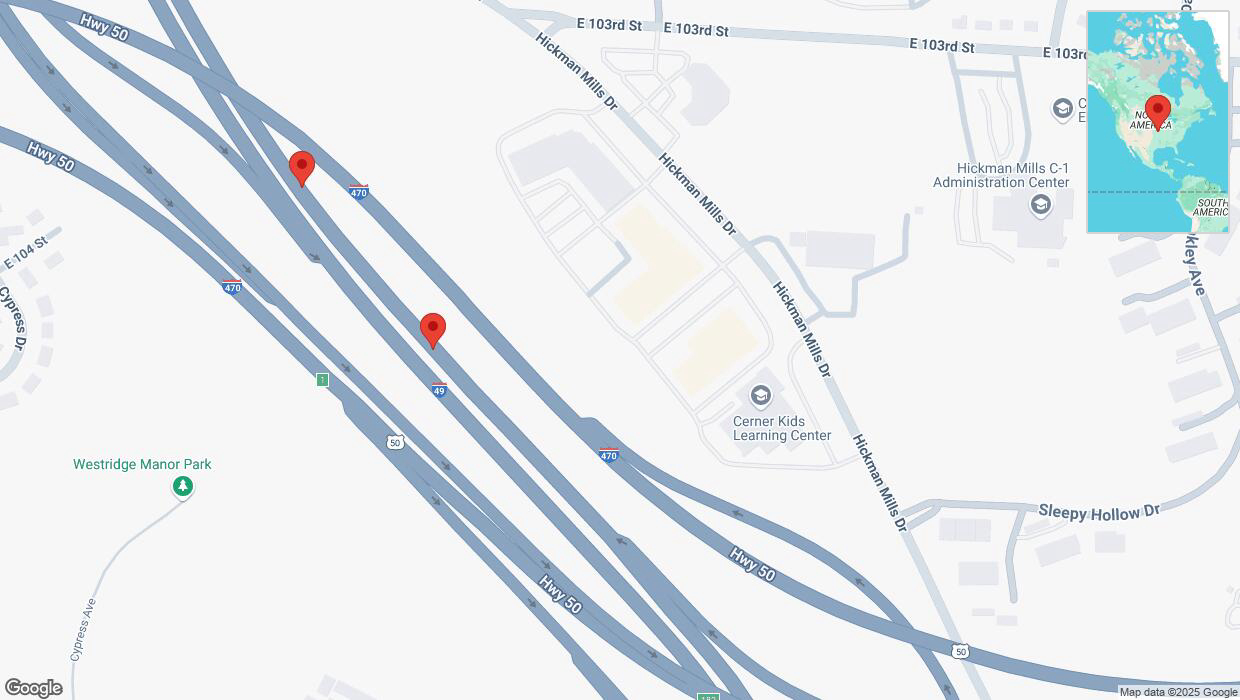 A detailed map that shows the affected road due to 'Broken down vehicle on northbound I-40/US-71 in Kansas City' on March 22nd at 1:49 p.m.