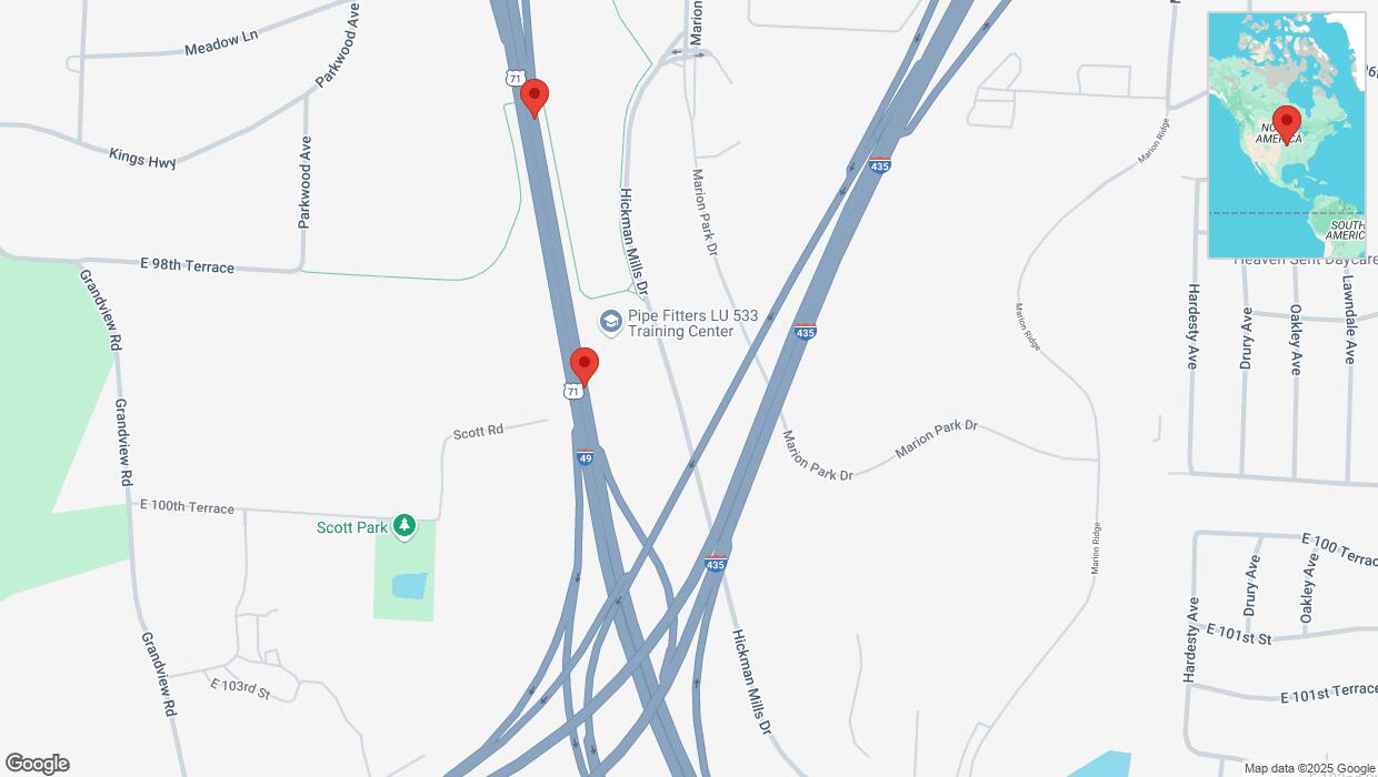 A detailed map that shows the affected road due to 'Broken down vehicle on northbound I-40/US-71 in Kansas City' on March 22nd at 2:51 p.m.