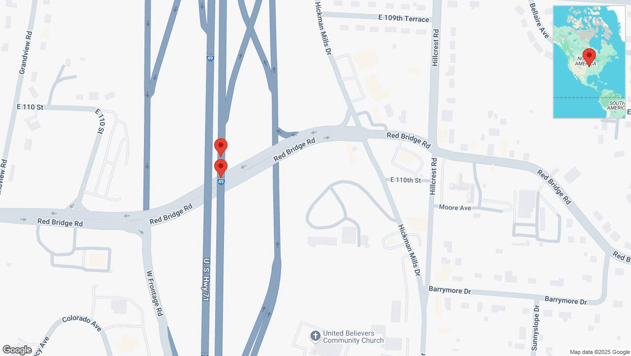 A detailed map that shows the affected road due to 'Broken down vehicle on northbound I-40/US-71 in Kansas City' on March 22nd at 2:57 p.m.