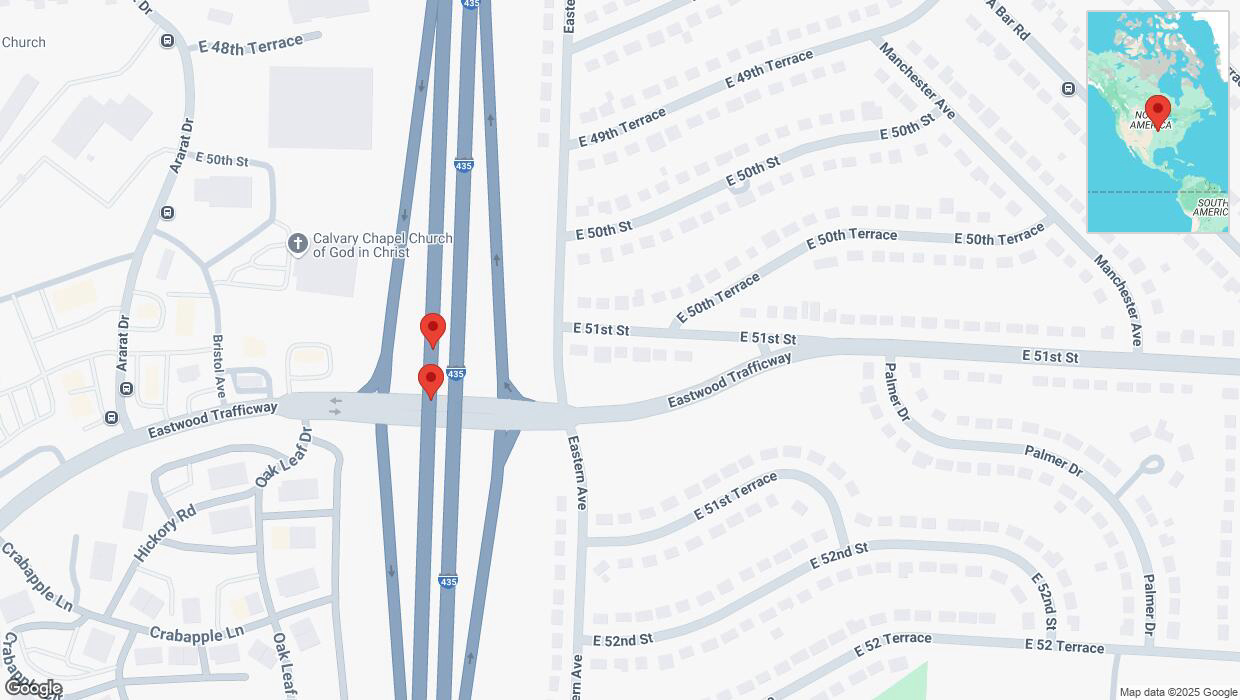 A detailed map that shows the affected road due to 'Broken down vehicle on southbound I-435 in Kansas City' on March 22nd at 5:12 p.m.