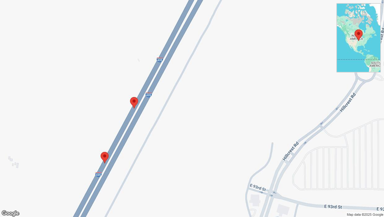 A detailed map that shows the affected road due to 'Broken down vehicle on southbound I-435 in Kansas City' on March 22nd at 8:44 p.m.