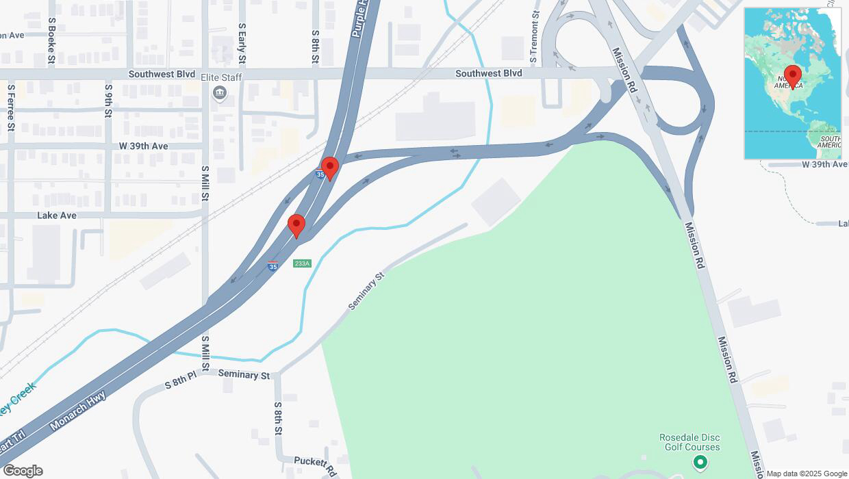 A detailed map that shows the affected road due to 'Broken down vehicle on northbound I-35 in Kansas City' on March 22nd at 8:56 p.m.