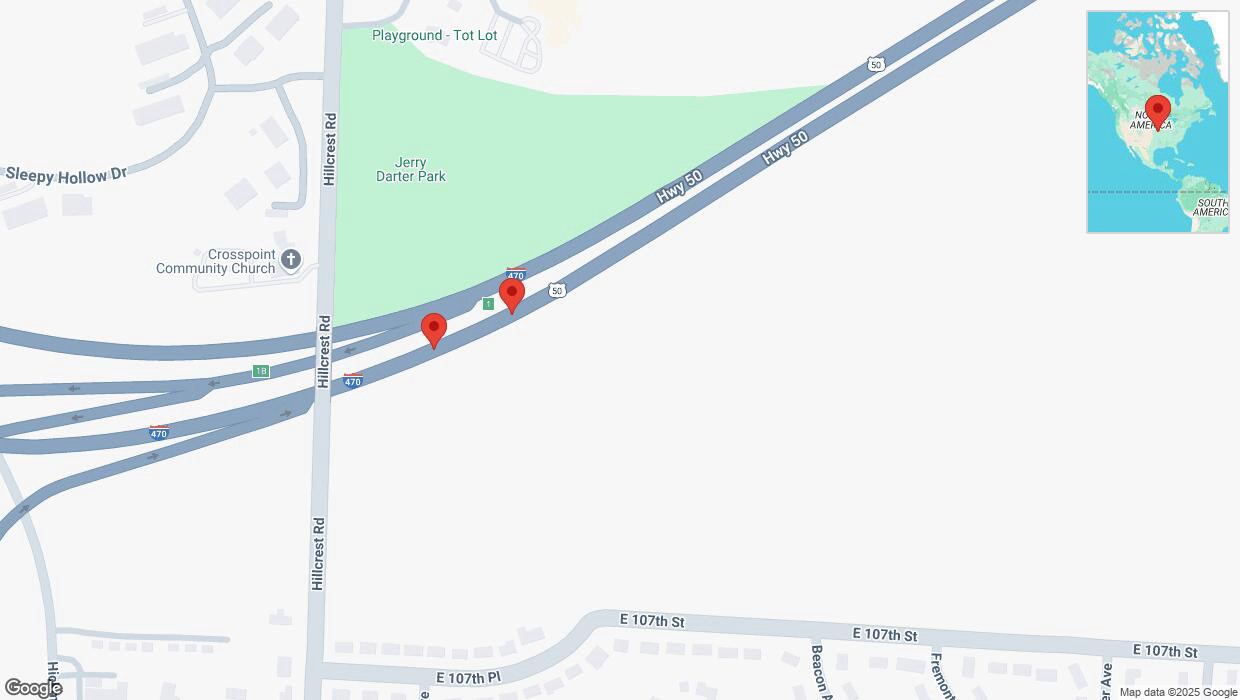 A detailed map that shows the affected road due to 'Broken down vehicle on eastbound I-470 in Kansas City' on March 22nd at 9:13 p.m.