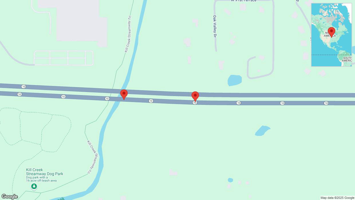 A detailed map that shows the affected road due to 'Broken down vehicle on eastbound K-10 in De Soto' on March 22nd at 10:58 p.m.