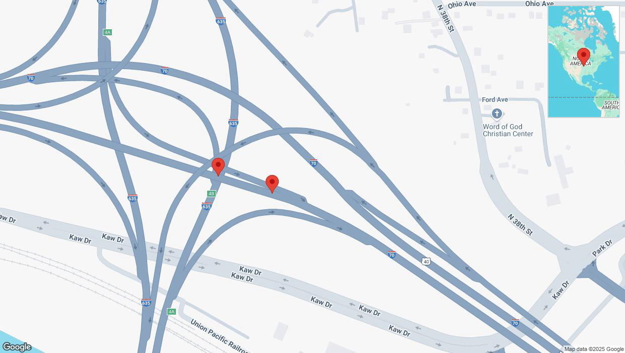 A detailed map that shows the affected road due to 'Broken down vehicle on eastbound I-70 in Kansas City' on March 23rd at 12:09 p.m.