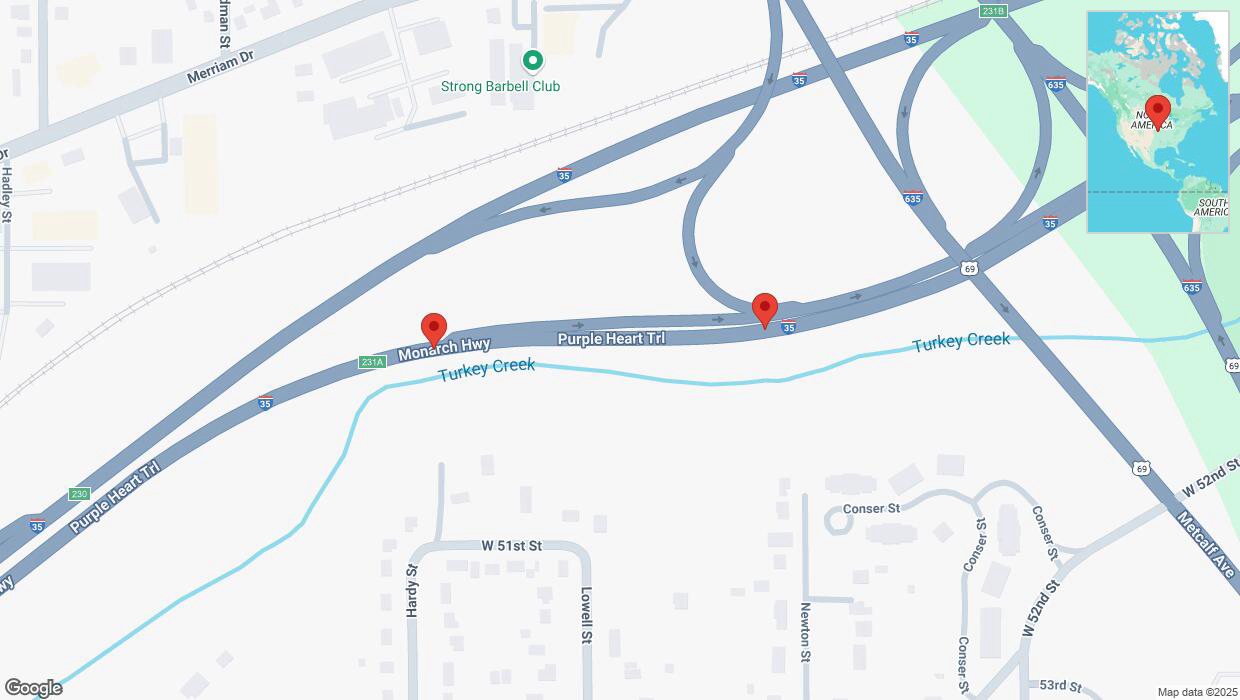 A detailed map that shows the affected road due to 'Broken down vehicle on northbound I-35 in Mission' on March 23rd at 12:03 p.m.