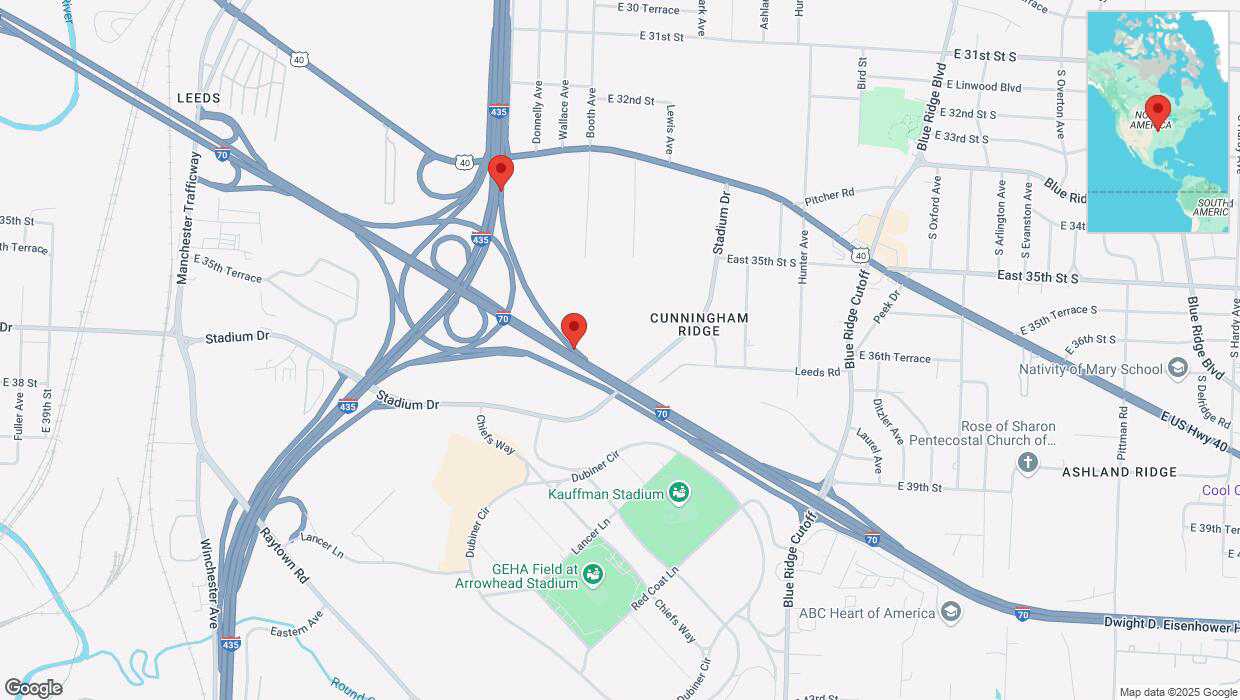 A detailed map that shows the affected road due to 'Broken down vehicle on Booth Avenue in Kansas City' on March 23rd at 3:54 p.m.