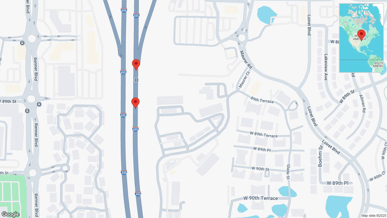 A detailed map that shows the affected road due to 'Warning in Lenexa: Crash reported on northbound I-435' on March 23rd at 5:24 p.m.