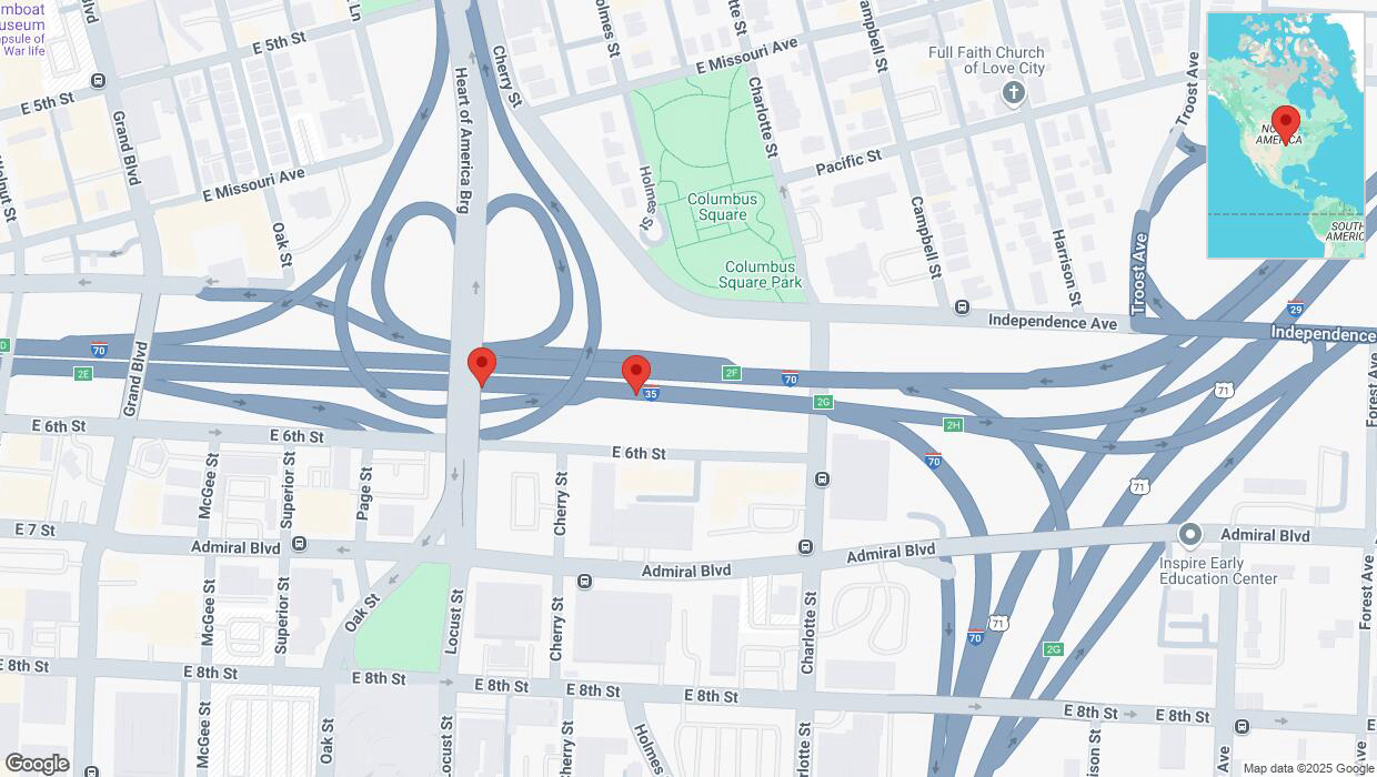 A detailed map that shows the affected road due to 'Broken down vehicle on eastbound I-70/I-35 in Kansas City' on March 23rd at 6:54 p.m.