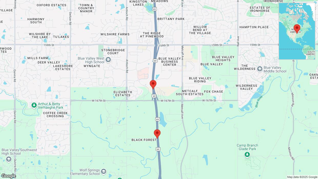 A detailed map that shows the affected road due to 'Lane on US-69 closed in Overland Park' on March 23rd at 6:21 p.m.