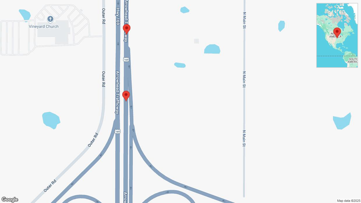 A detailed map that shows the affected road due to 'Broken down vehicle on northbound US-169 in Kansas City' on March 23rd at 6:27 p.m.