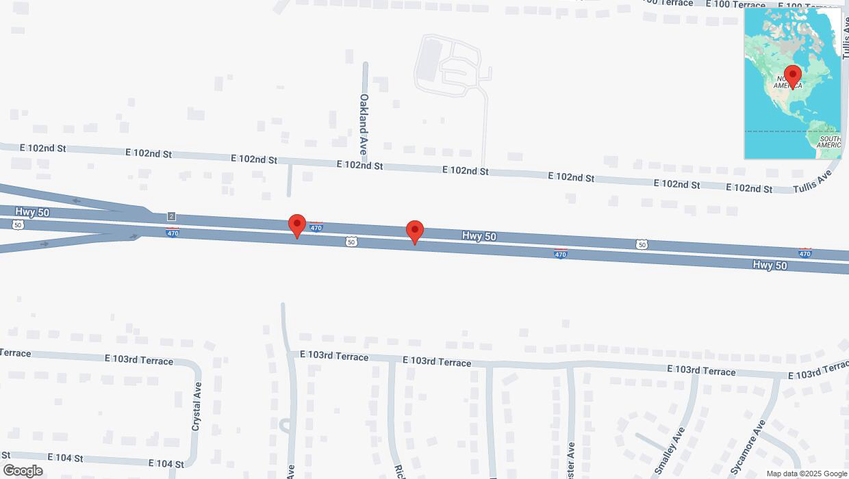 A detailed map that shows the affected road due to 'Broken down vehicle on eastbound I-470 in Kansas City' on March 23rd at 6:59 p.m.