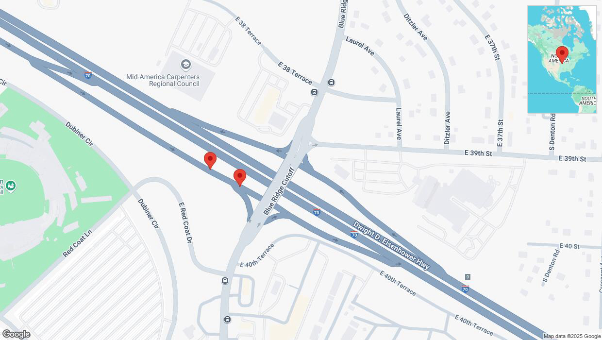 A detailed map that shows the affected road due to 'Broken down vehicle on the Dwight D. Eisenhower Highway in Kansas City' on March 23rd at 7:50 p.m.