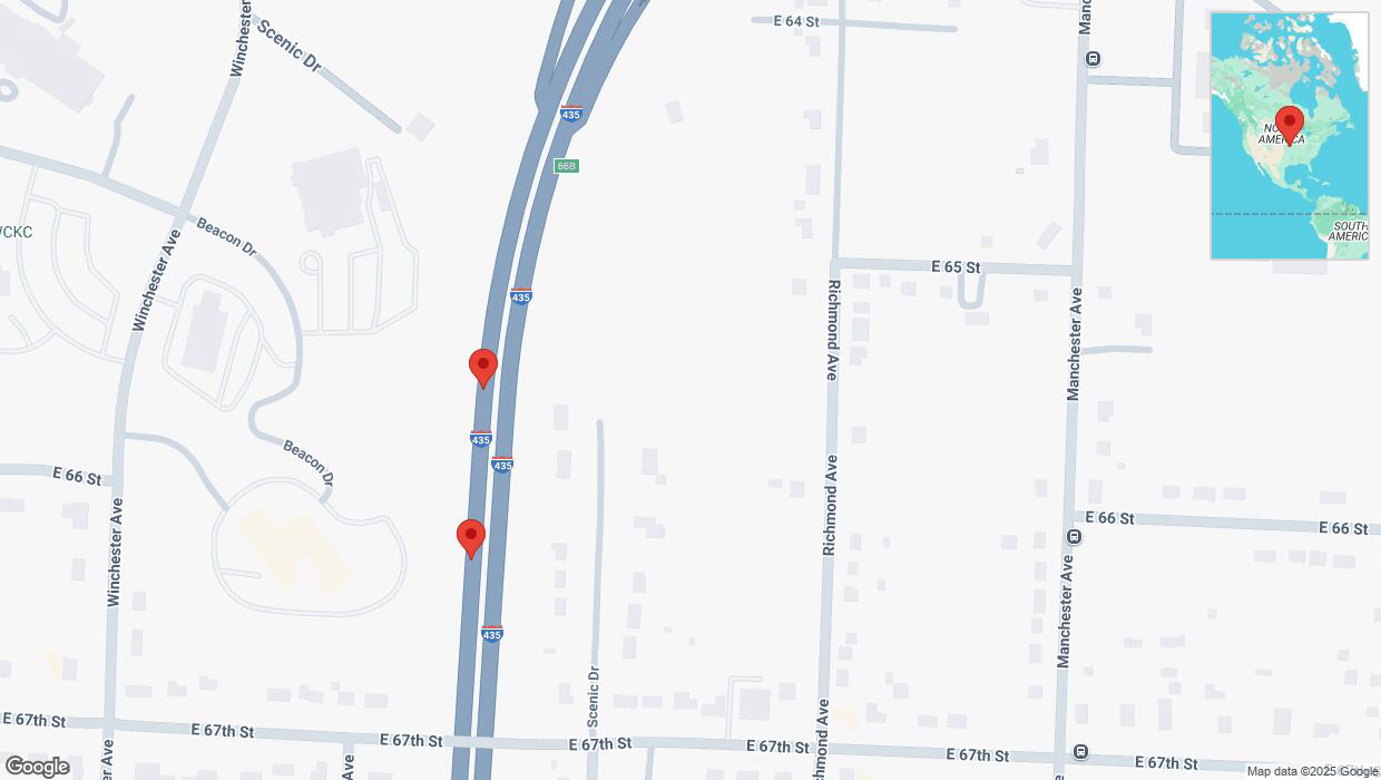 A detailed map that shows the affected road due to 'Broken down vehicle on southbound I-435 in Kansas City' on March 23rd at 8:31 p.m.