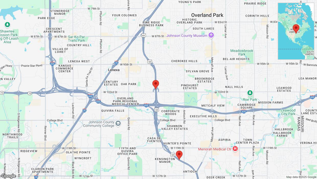 A detailed map that shows the affected road due to 'Lane on US-69 closed in Overland Park' on March 24th at 3:19 p.m.