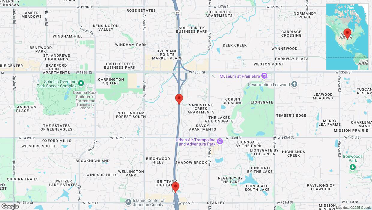 A detailed map that shows the affected road due to 'Lane on US-69 closed in Overland Park' on March 24th at 1:22 p.m.