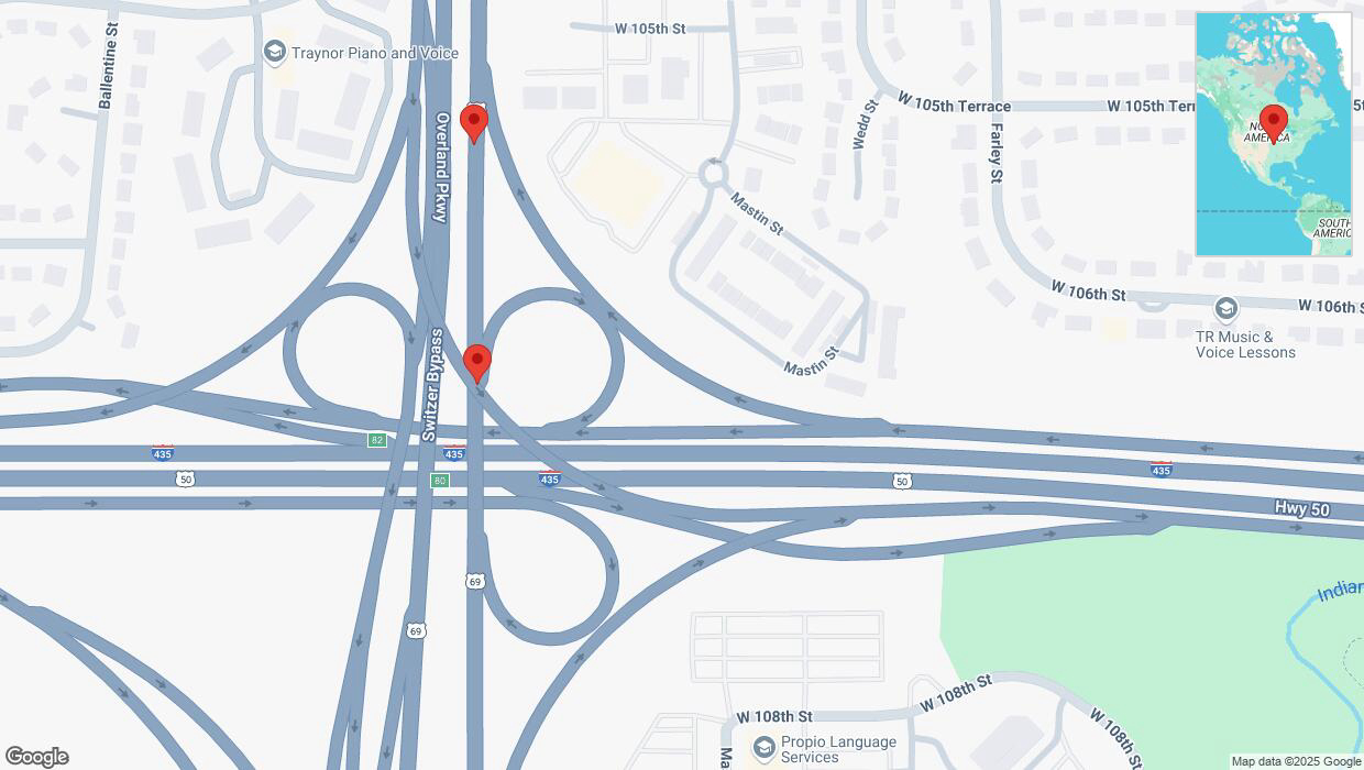 A detailed map that shows the affected road due to 'Broken down vehicle on northbound US-69 in Overland Park' on March 24th at 12:18 p.m.