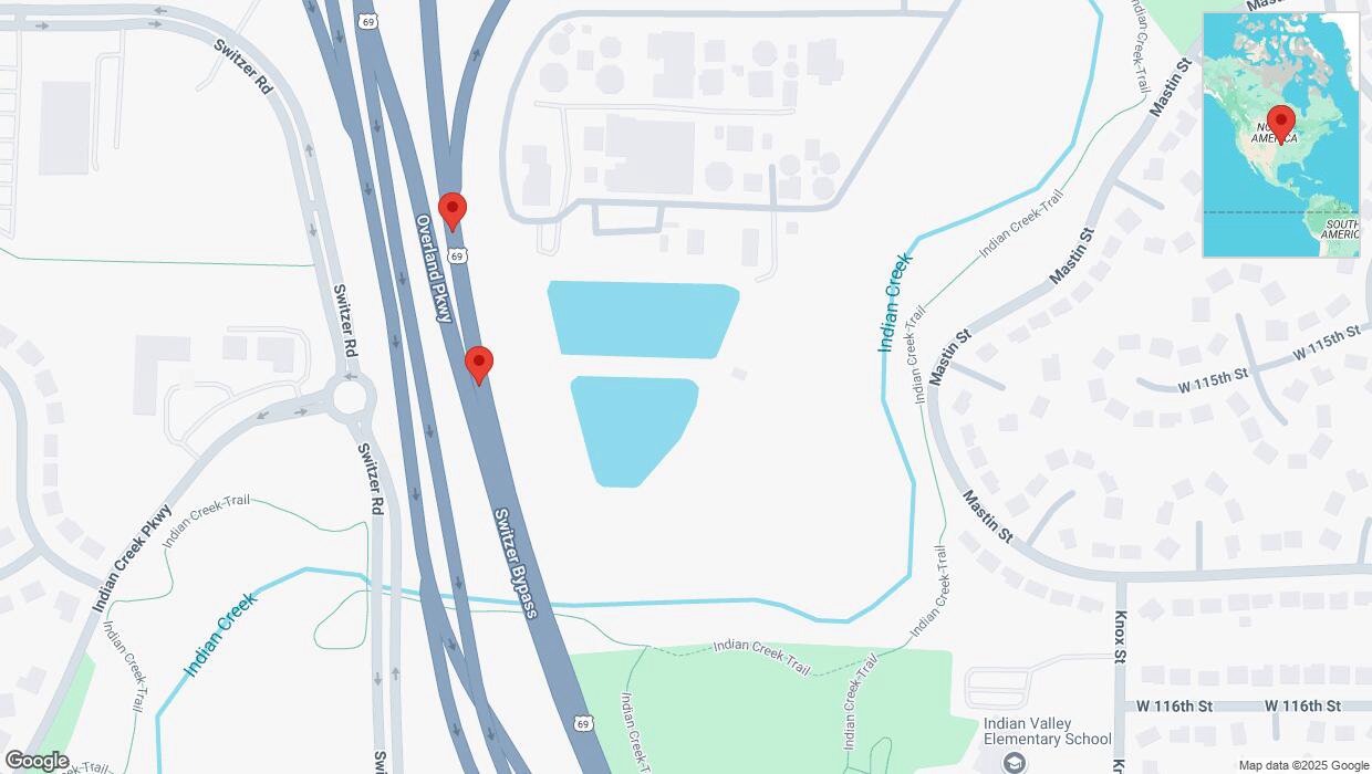 A detailed map that shows the affected road due to 'Broken down vehicle on northbound US-69 in Overland Park' on March 24th at 2:12 p.m.
