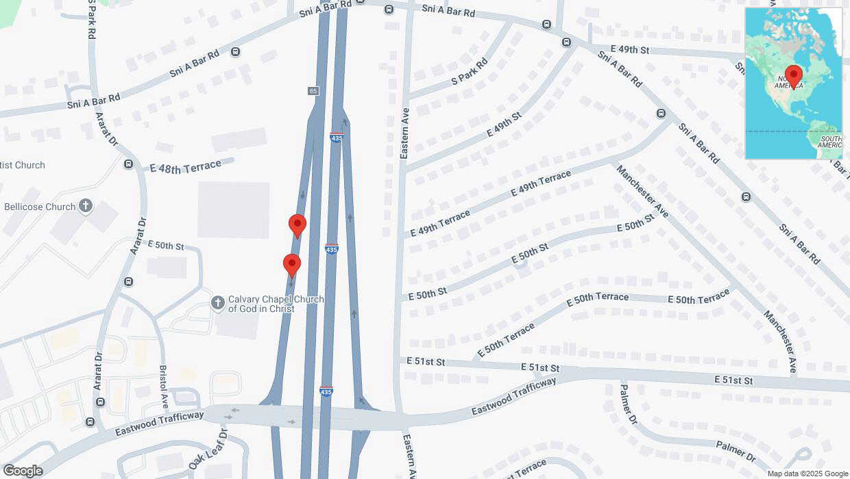 A detailed map that shows the affected road due to 'Broken down vehicle on East 50th Street in Kansas City' on March 24th at 2:38 p.m.