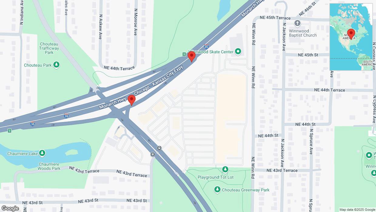 A detailed map that shows the affected road due to 'Broken down vehicle on Chouteau Trafficway in Kansas City' on March 24th at 2:44 p.m.