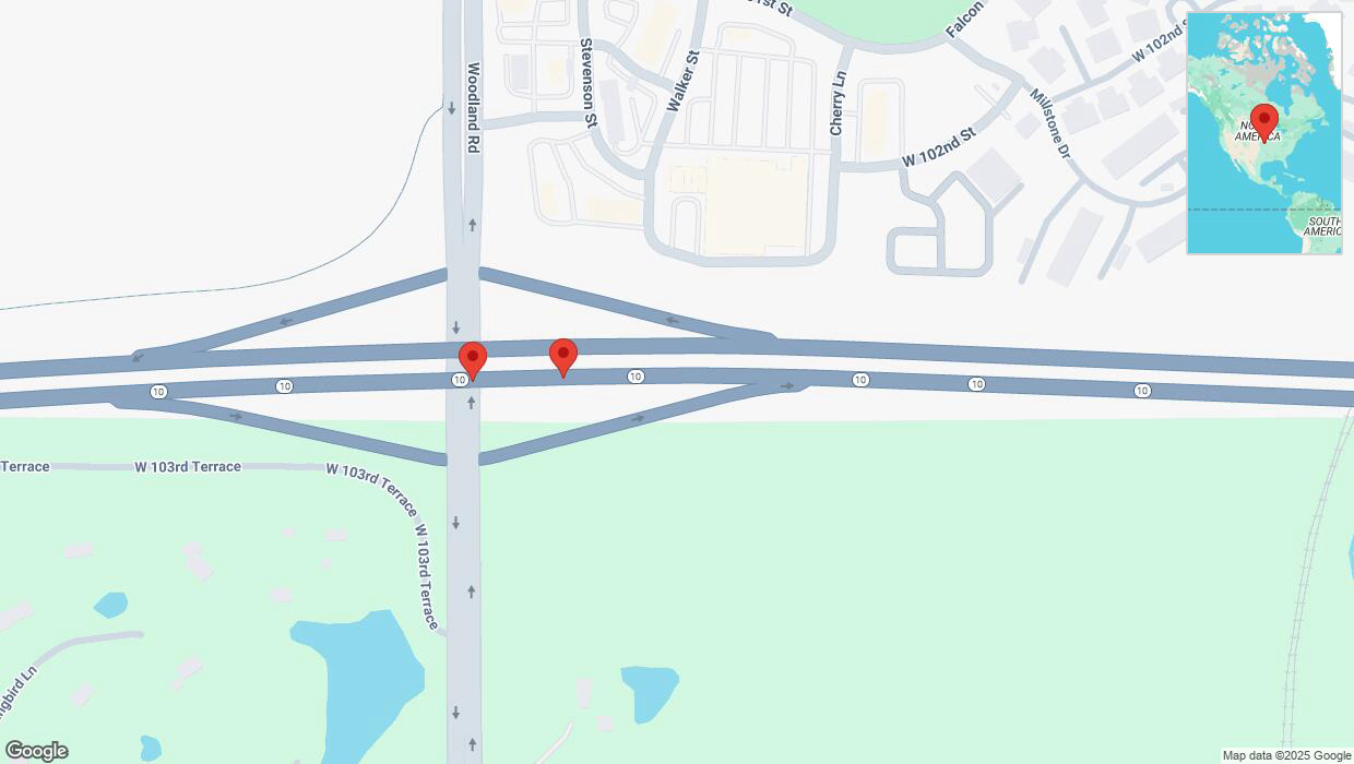A detailed map that shows the affected road due to 'Broken down vehicle on eastbound K-10 in Lenexa' on March 24th at 3:11 p.m.