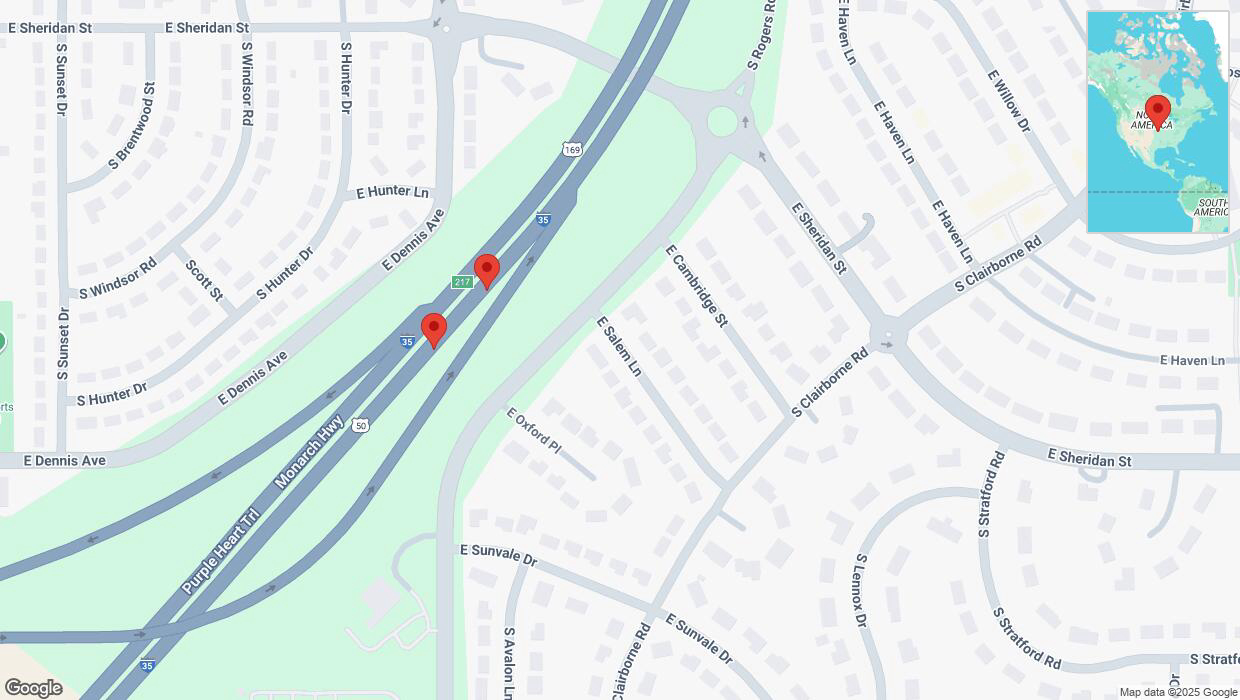 A detailed map that shows the affected road due to 'Broken down vehicle on eastbound I-35 in Olathe' on March 24th at 3:12 p.m.