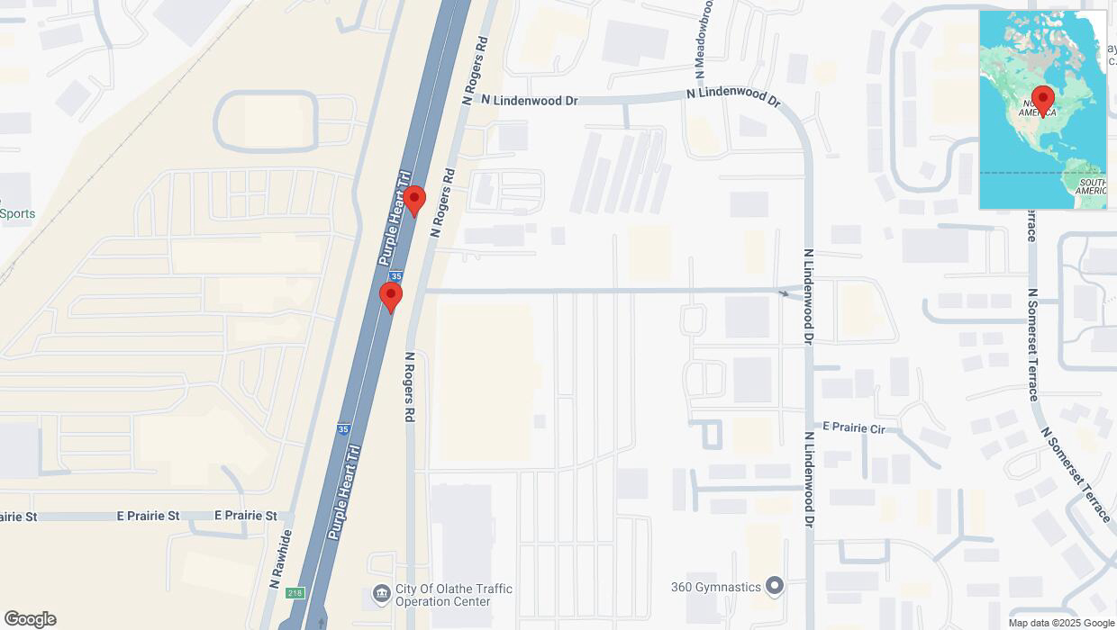 A detailed map that shows the affected road due to 'Broken down vehicle on eastbound I-35 in Olathe' on March 24th at 2:57 p.m.
