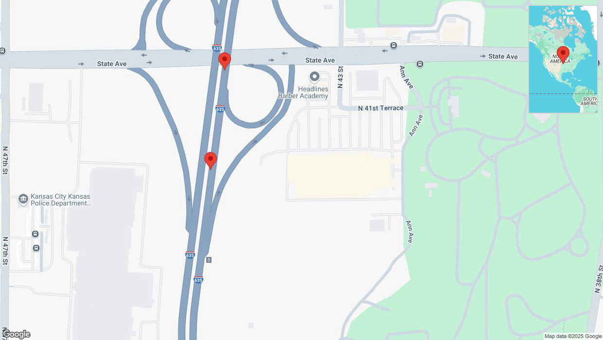 A detailed map that shows the affected road due to 'Broken down vehicle on northbound I-635 in Kansas City' on March 24th at 6:01 p.m.