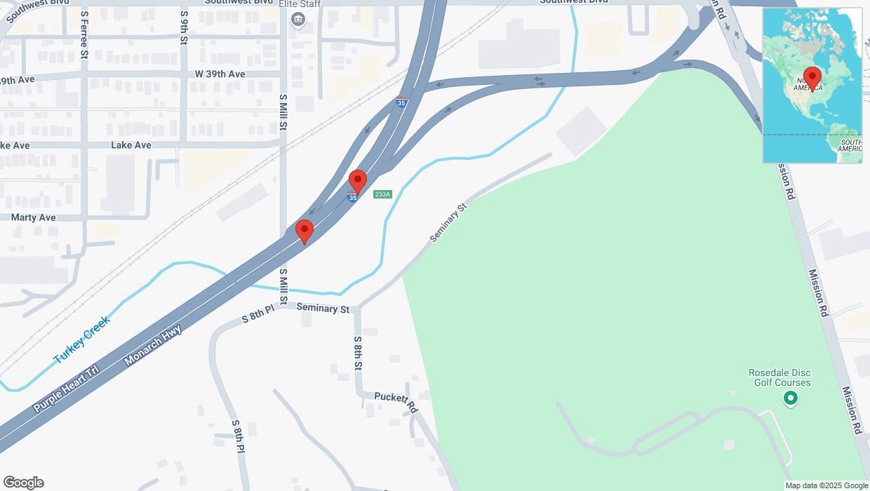 A detailed map that shows the affected road due to 'Broken down vehicle on northbound I-35 in Kansas City' on March 24th at 5:38 p.m.
