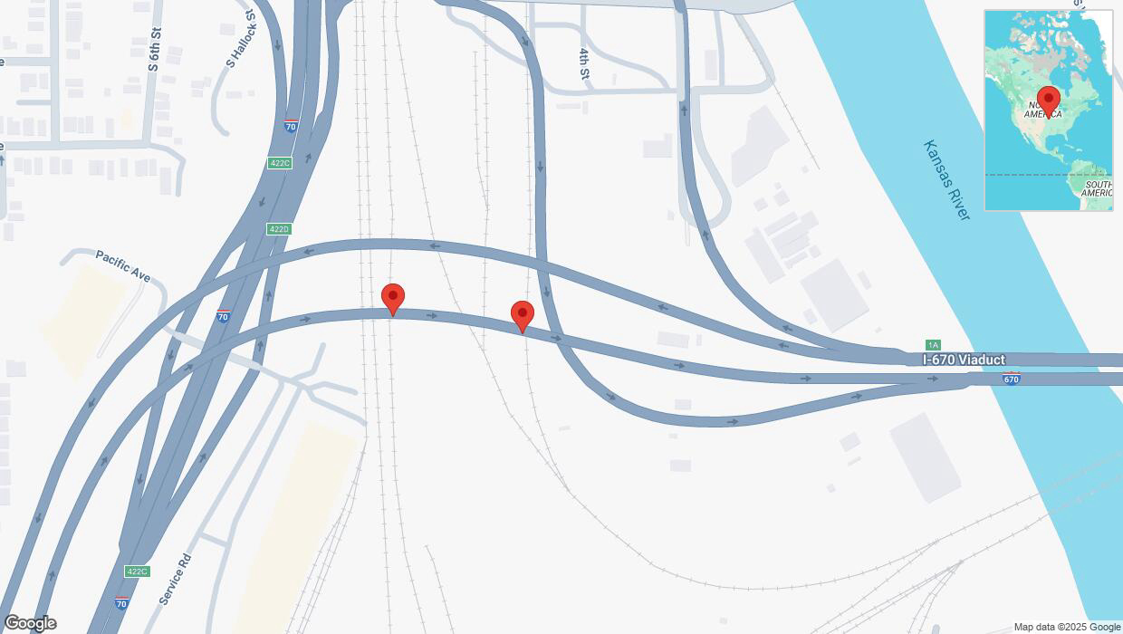 A detailed map that shows the affected road due to 'Broken down vehicle on eastbound I-670 in Kansas City' on March 24th at 11:43 p.m.