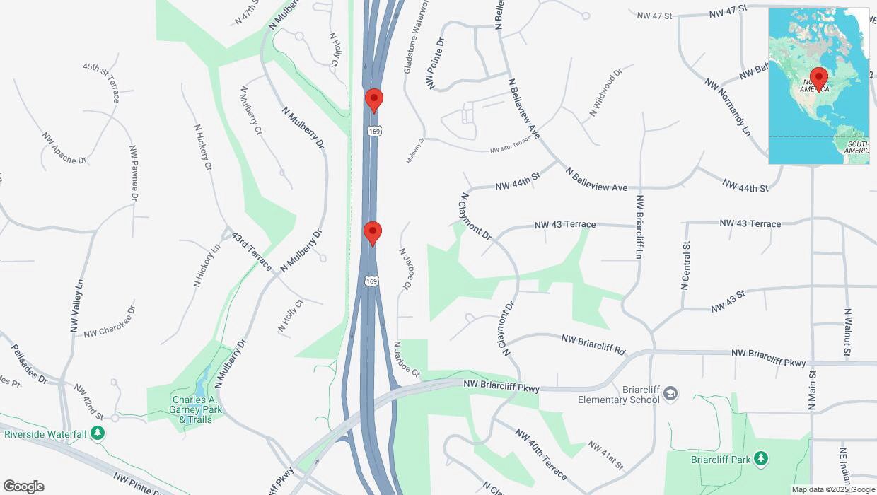 A detailed map that shows the affected road due to 'Broken down vehicle on northbound US-169 in Kansas City' on March 24th at 7:57 p.m.