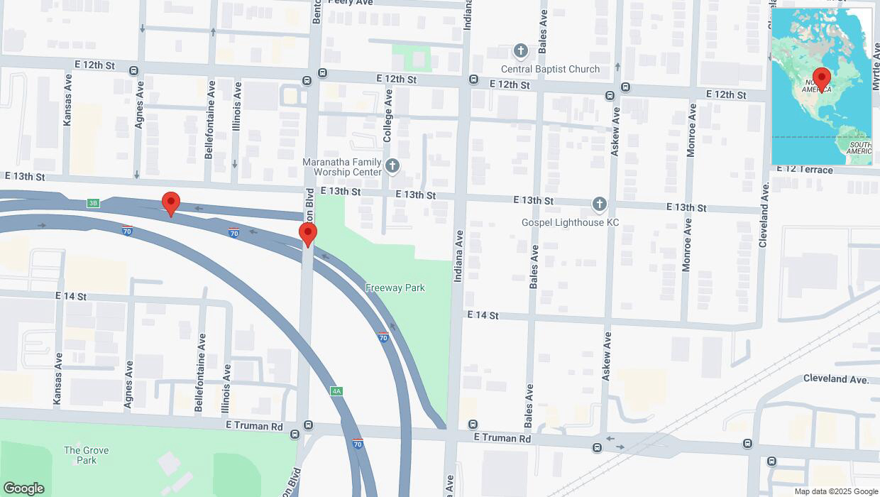A detailed map that shows the affected road due to 'Broken down vehicle on Benton Boulevard in Kansas City' on March 24th at 6:19 p.m.