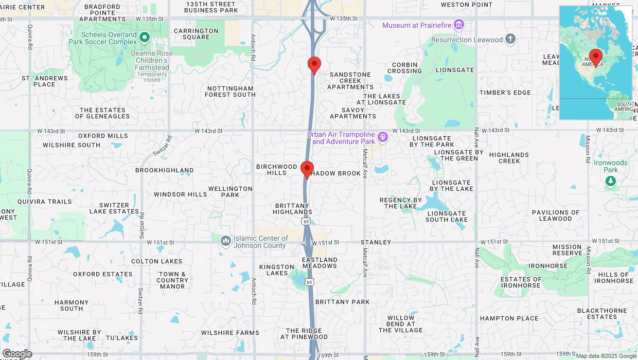 A detailed map that shows the affected road due to 'Lane on US-69 closed in Overland Park' on March 24th at 6:19 p.m.