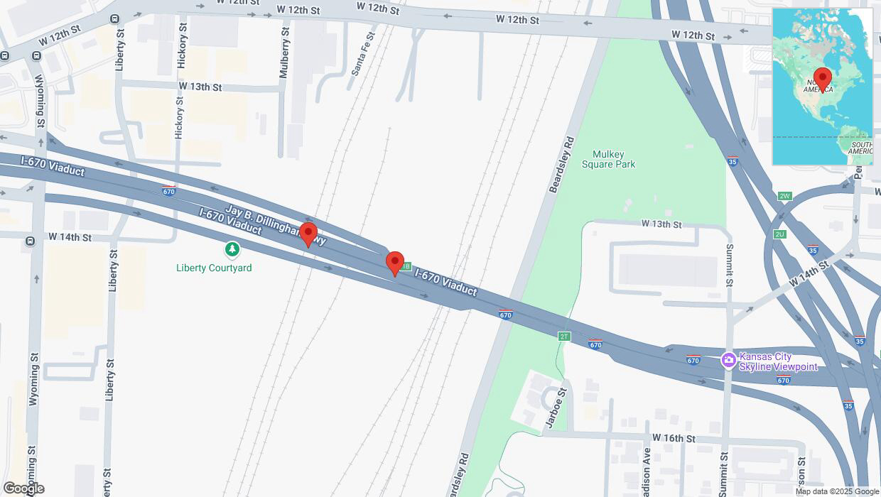 A detailed map that shows the affected road due to 'Broken down vehicle on eastbound I-670 in Kansas City' on March 24th at 7 p.m.