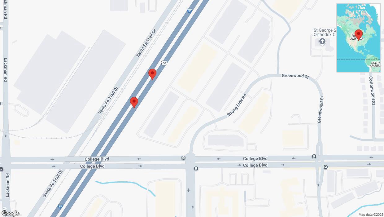 A detailed map that shows the affected road due to 'Broken down vehicle on eastbound I-35 in Lenexa' on March 24th at 6:54 p.m.