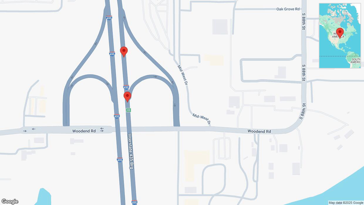 A detailed map that shows the affected road due to 'Broken down vehicle on northbound I-435 in Kansas City' on March 24th at 11:43 p.m.