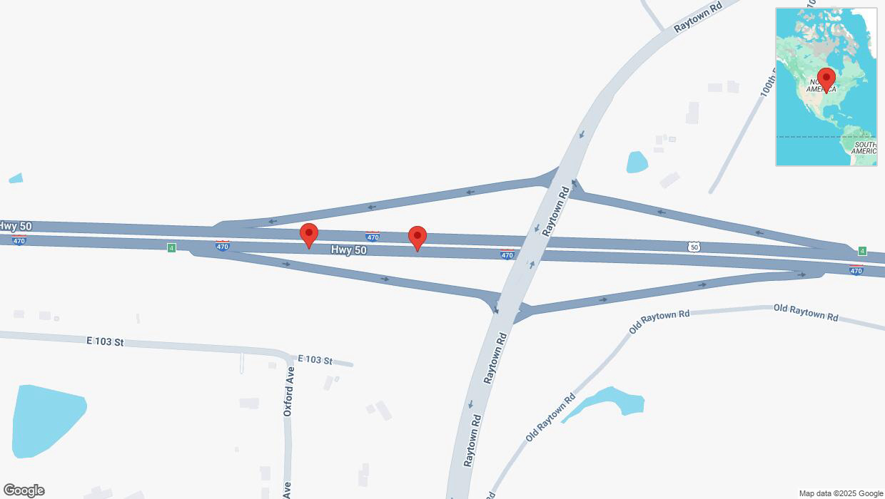 A detailed map that shows the affected road due to 'Broken down vehicle on eastbound I-470 in Kansas City' on March 24th at 10:24 p.m.