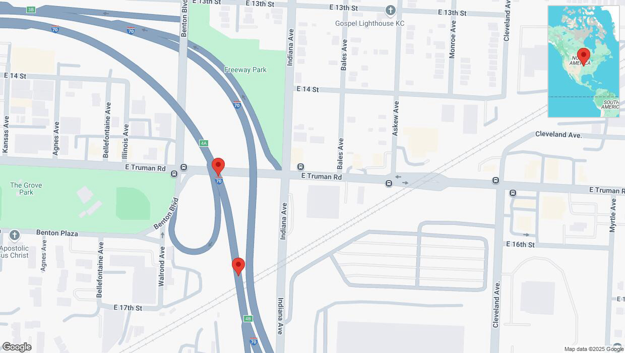 A detailed map that shows the affected road due to 'Broken down vehicle on eastbound I-70 in Kansas City' on March 25th at 1 p.m.