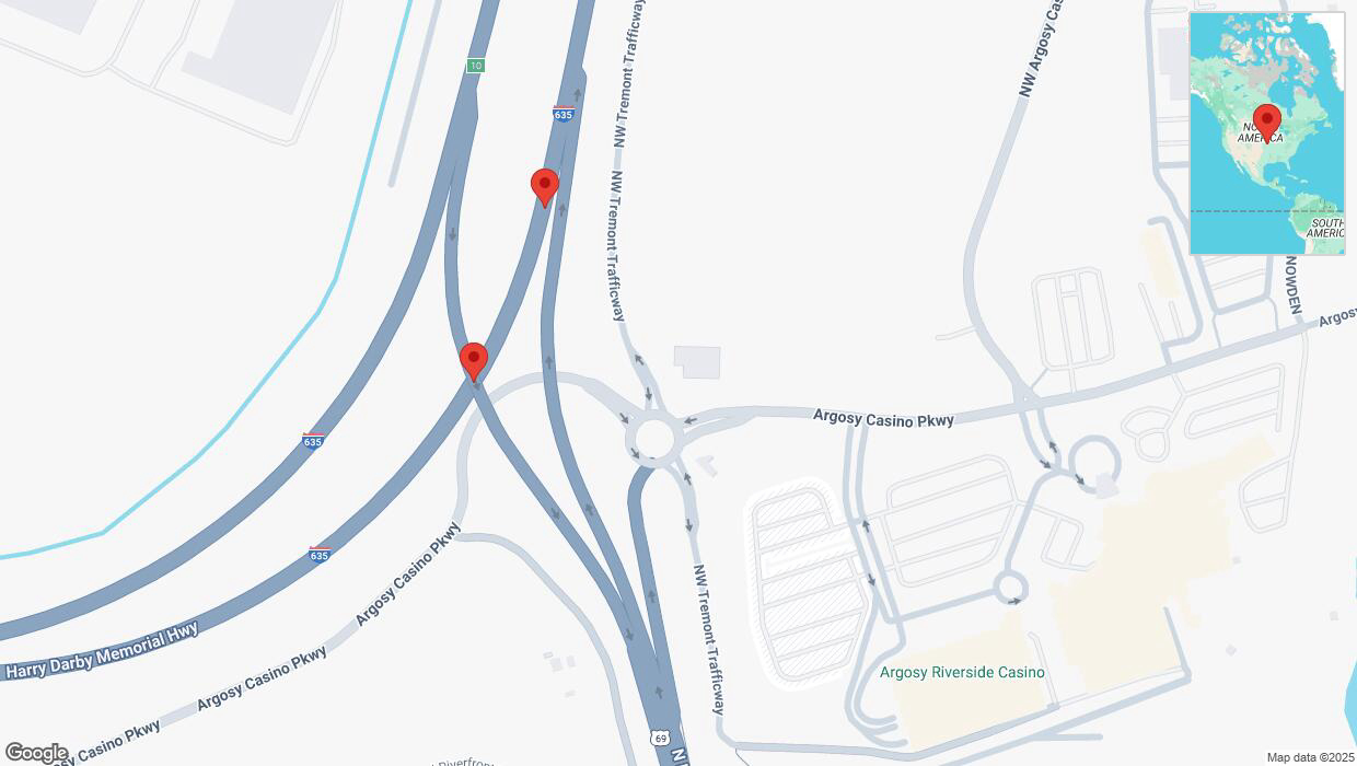 A detailed map that shows the affected road due to 'Broken down vehicle on northbound I-635 in Riverside' on March 25th at 2:36 p.m.