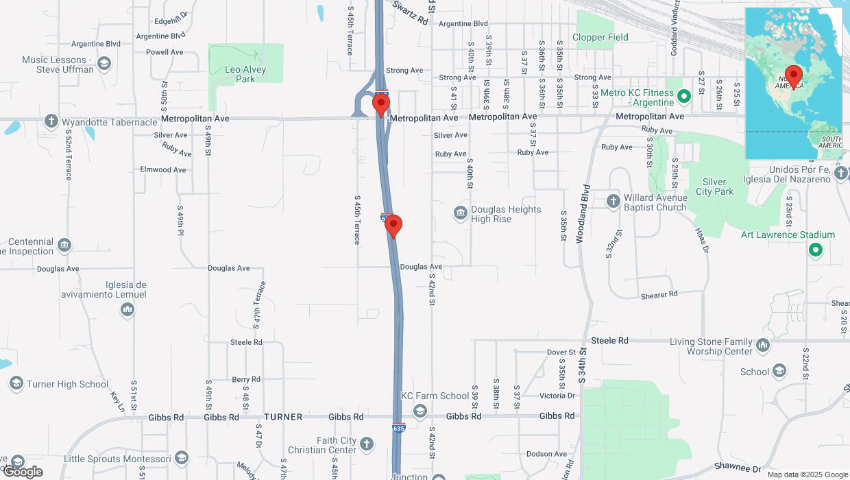 A detailed map that shows the affected road due to 'Broken down vehicle on northbound I-635 in Kansas City' on March 25th at 3:16 p.m.