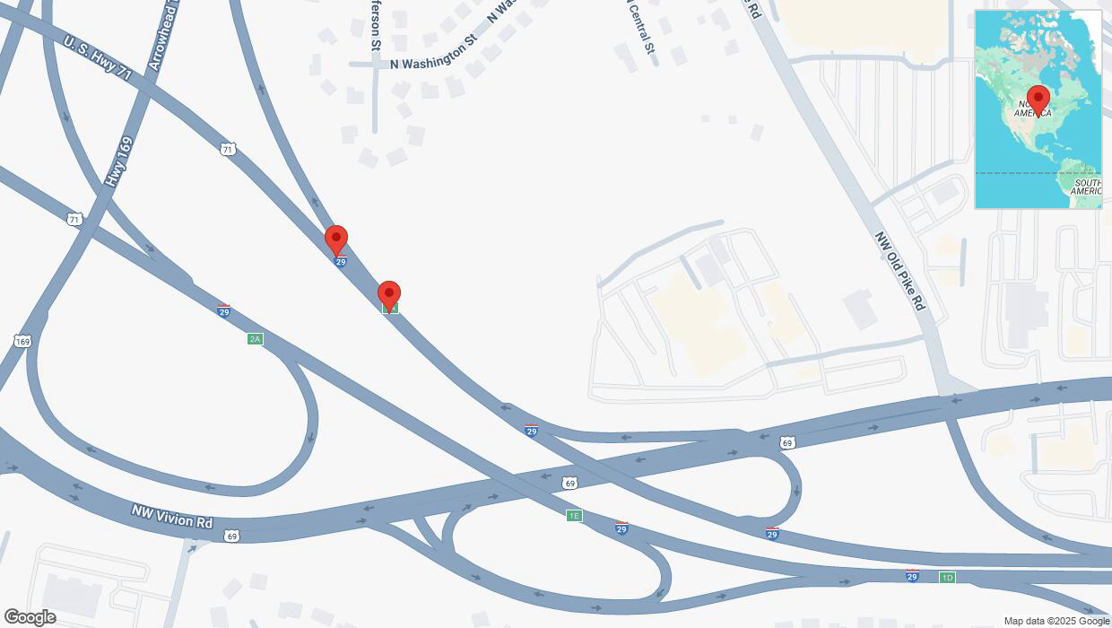 A detailed map that shows the affected road due to 'Broken down vehicle on northbound I-29 in Gladstone' on March 25th at 3:22 p.m.