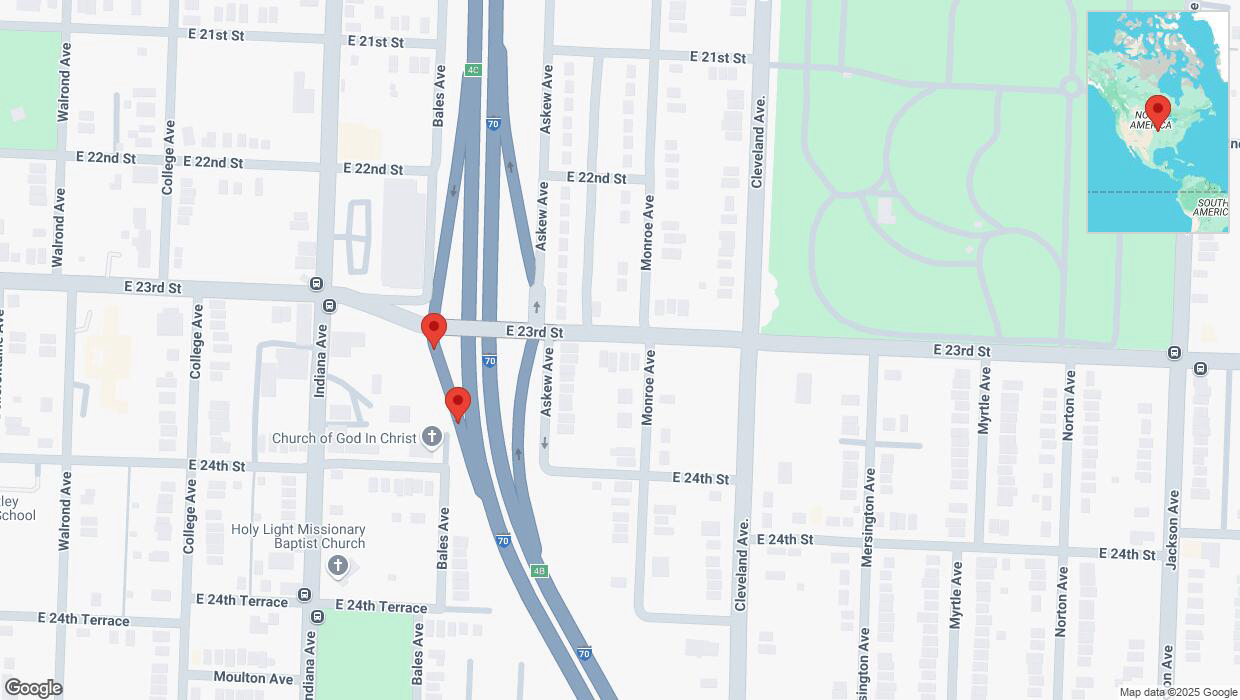 A detailed map that shows the affected road due to 'Broken down vehicle on East 23rd Street in Kansas City' on March 25th at 3:51 p.m.