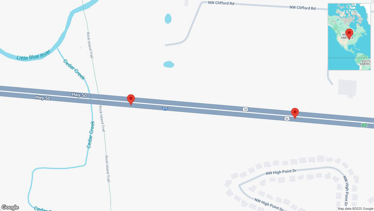 A detailed map that shows the affected road due to 'Broken down vehicle on eastbound I-470 in Lee's Summit' on March 25th at 4:34 p.m.